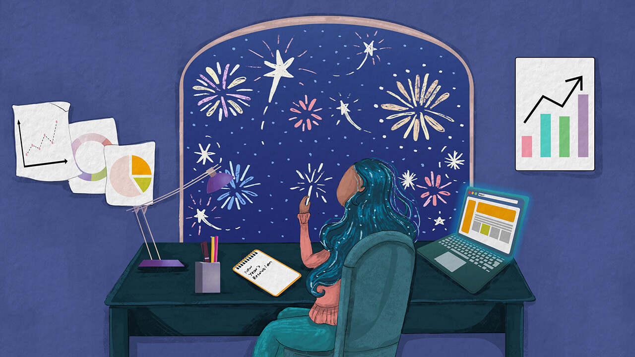 illustration of woman watching fireworks while sitting at desk