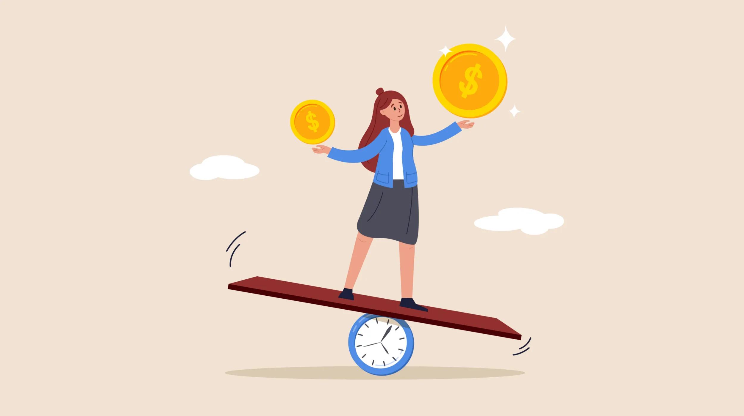 Illustration of a woman balancing on a seesaw that rests on a clock. She is holding two large gold coins with dollar signs, one in each hand, suggesting a concept of balancing time and money.