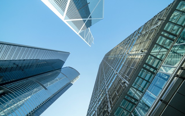 View of skyscrapers from the ground looking up