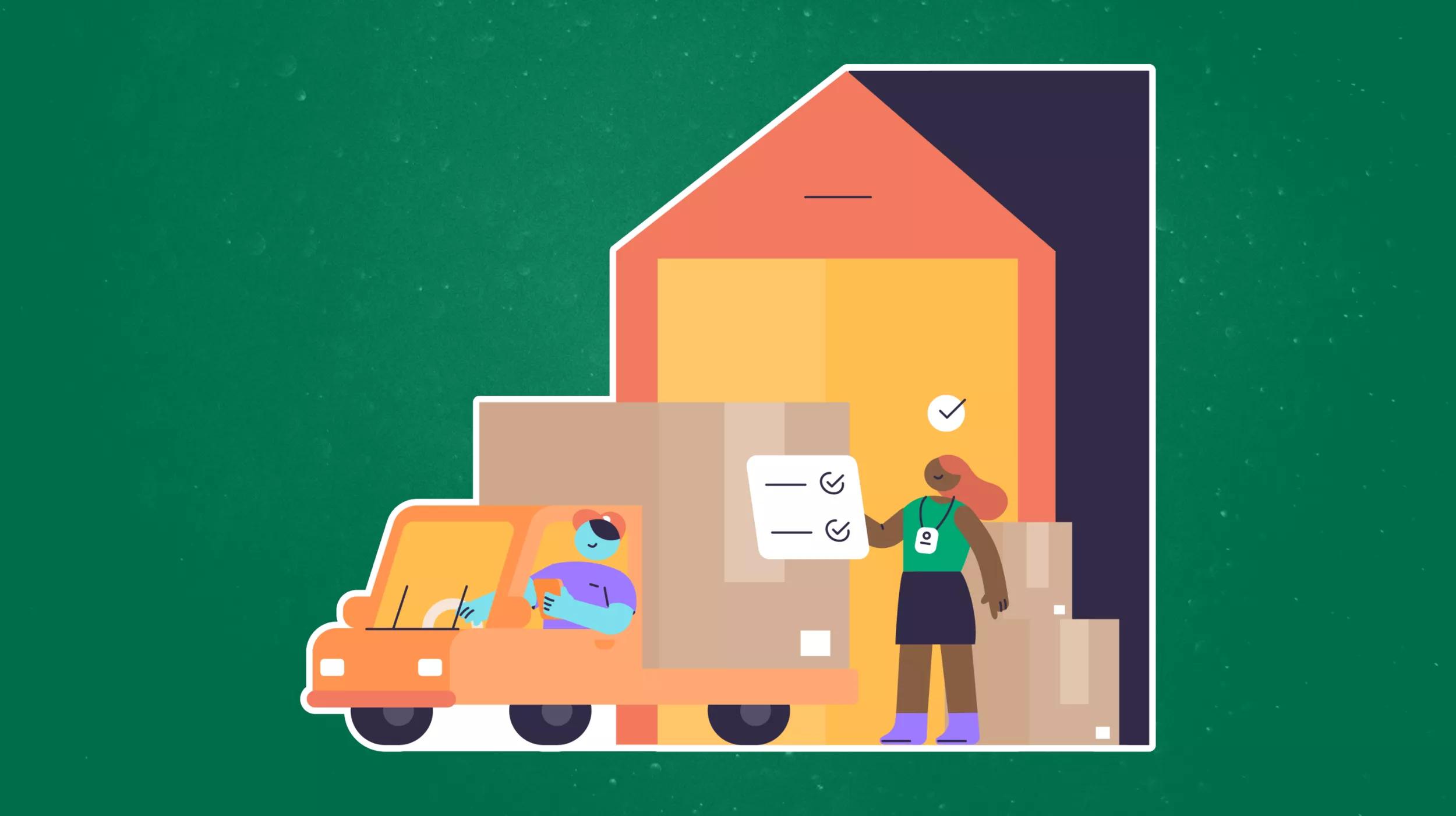 A stylized illustration of a moving process. An orange moving truck is parked beside a large house cutaway, revealing the inside. Inside the truck, a person with a blue cap is checking a clipboard. Another person stands outside the truck holding a checklist, next to stacked cardboard boxes, indicating they are overseeing the moving process. The scene conveys an organized and efficient relocation effort.