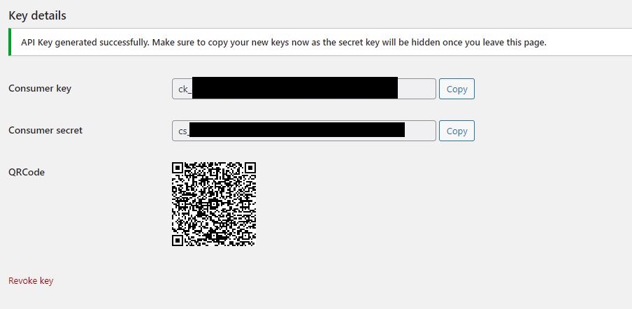 woocommerce screenshot API, secret key and QR