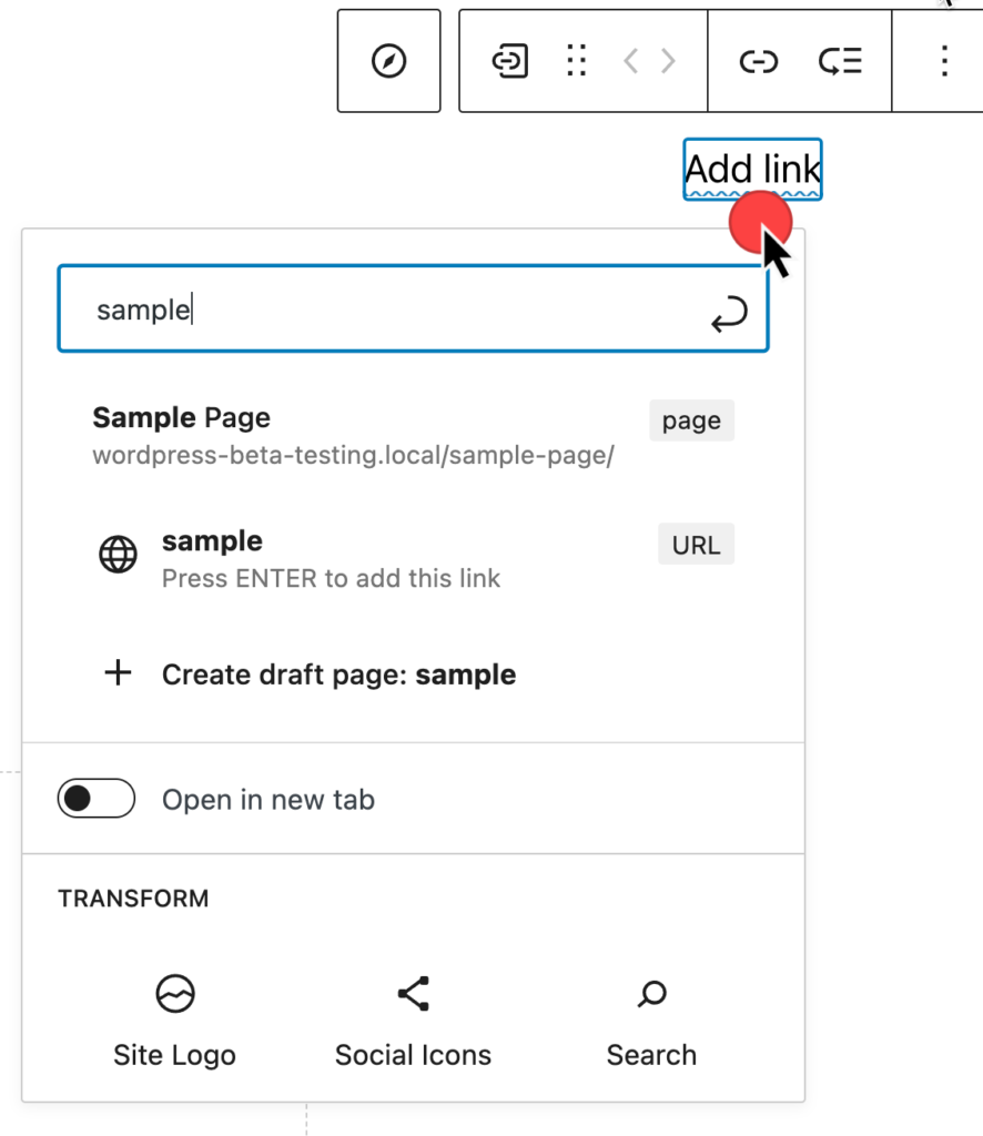 add link drop menu showing a search box