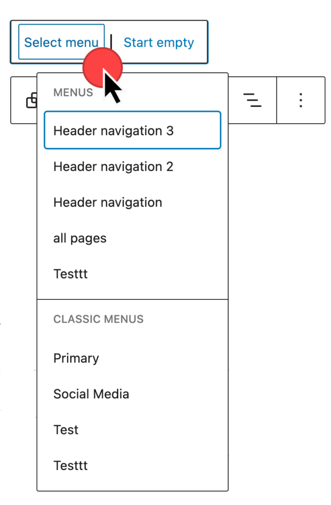 navigation block menu &gt; select menu