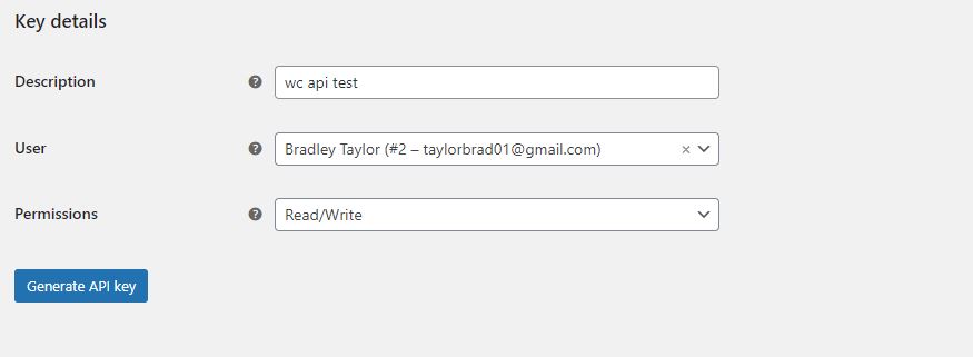 screenshot of WooCommerce API key settings