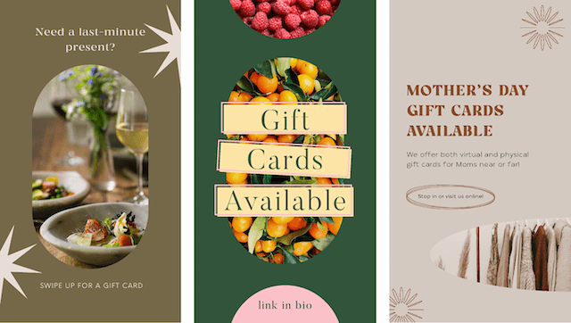 Godaddy Studio graphics with example copy for gift cards