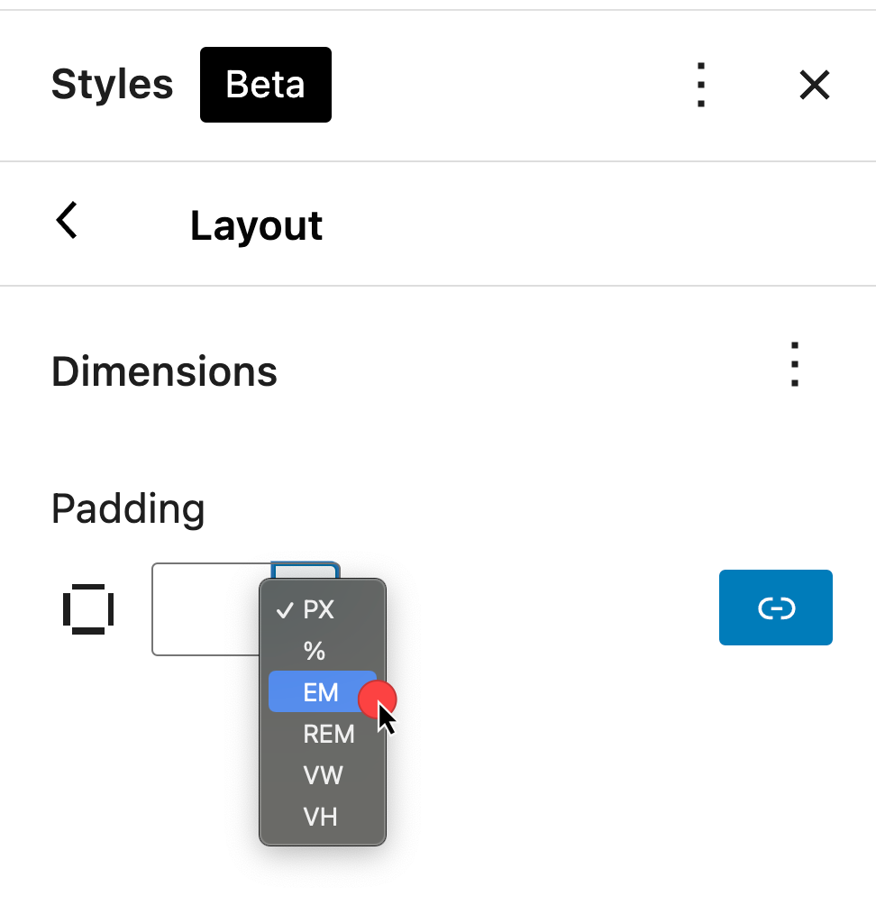 Styles &gt; Layout &gt; Padding options displayed