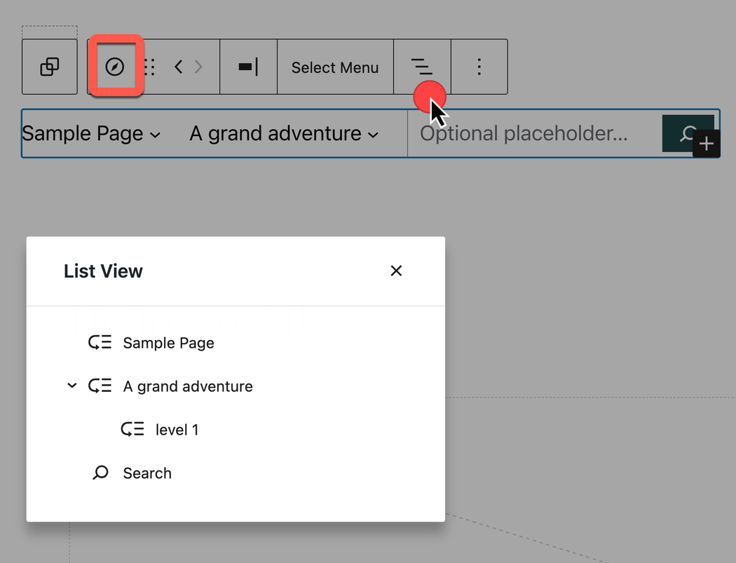 Select the entire Navigation Block, then list view, for the pop up modal of just the navigation block list view