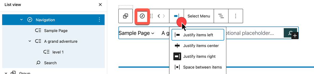 Navigation alignment options dropdown displayed