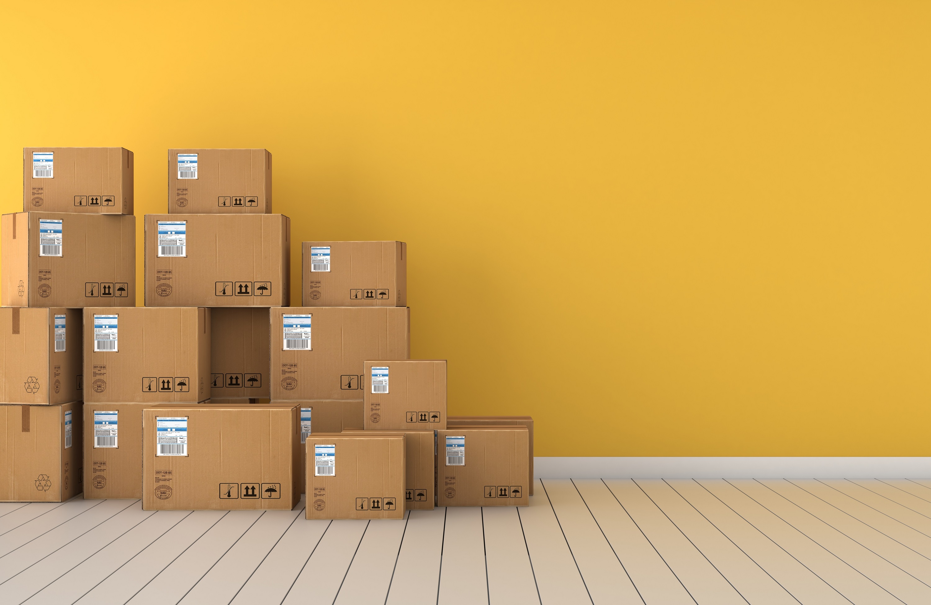 Moving boxes empty room in front of a yellow wall 3D Rendering