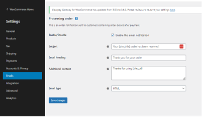 A screenshot of the email section of WooCommerce shows how emails can be toggled on and off with a checkbox