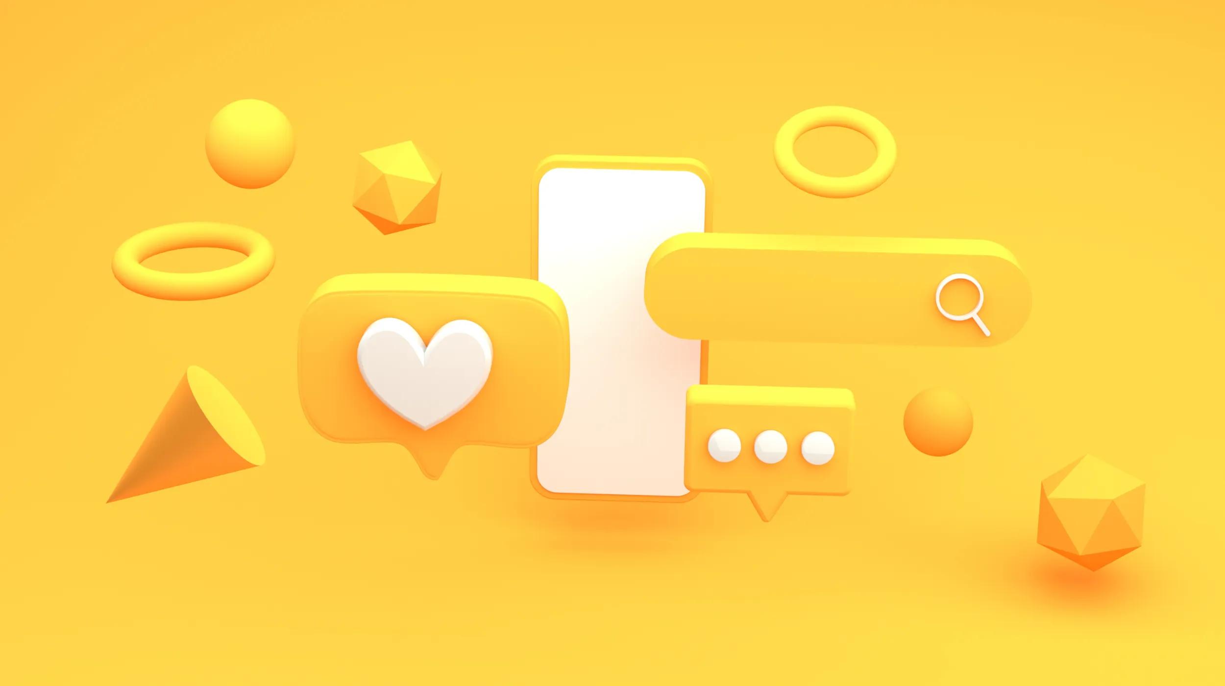 A 3D-rendered digital illustration featuring a yellow theme with floating social media and user interface elements. A white smartphone is at the center, surrounded by icons such as a heart in a speech bubble, a search bar with a magnifying glass, a chat bubble with three dots, and abstract geometric shapes like spheres, rings, and pyramids. The monochromatic yellow design gives a modern and minimalist aesthetic.