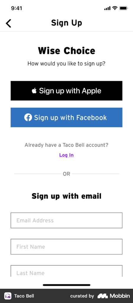 Sign up form for Taco Bell mobile app