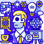 Illustration of business man surrounded by symbols depicting gears, lightbulbs, and coffee mugs