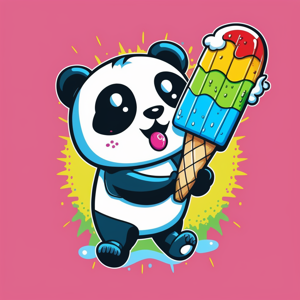 AI art example showing a panda eating a colorful ice cream.