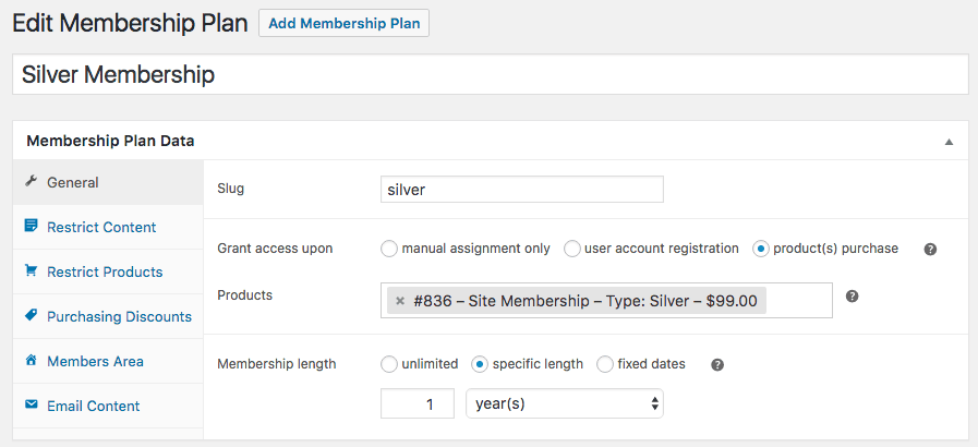 Screenshot from the backend of WordPress with the membership dashboard. The screenshot shows how you can have varying membership types.