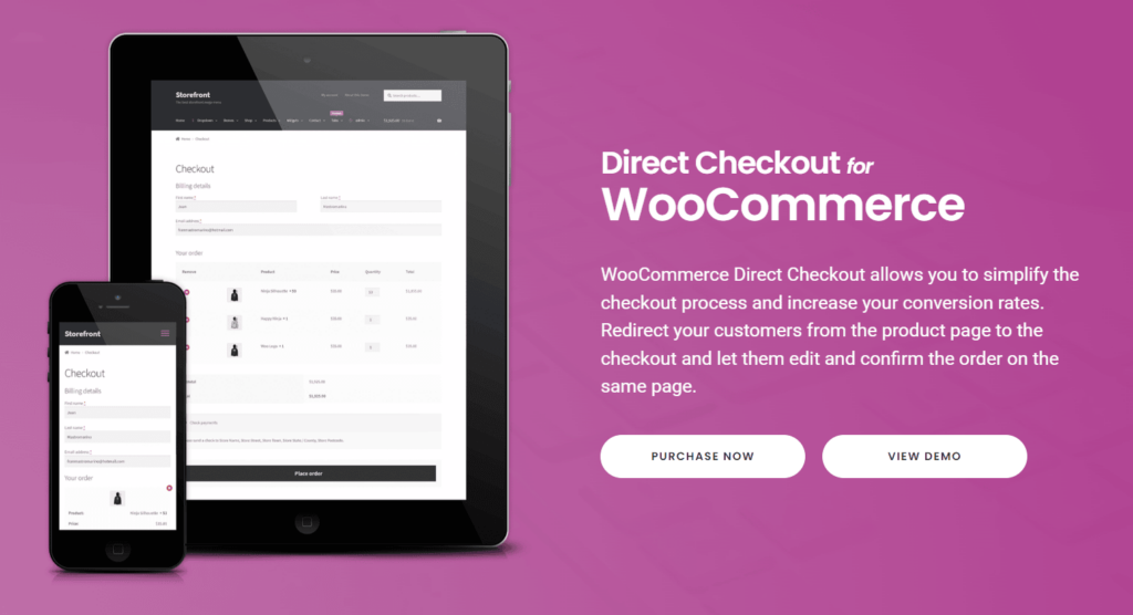 Screenshot taken from the QuadLayers direct checkout for WooCommerce website.