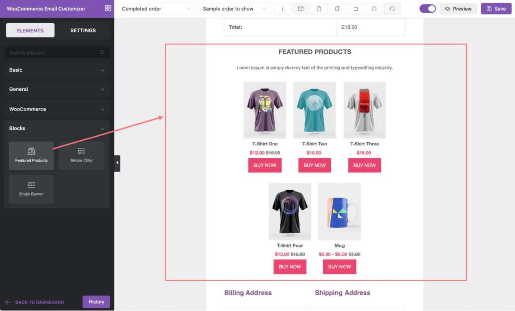 The image shows the drag-and-drop email customizer from WooCommerce email customizer.