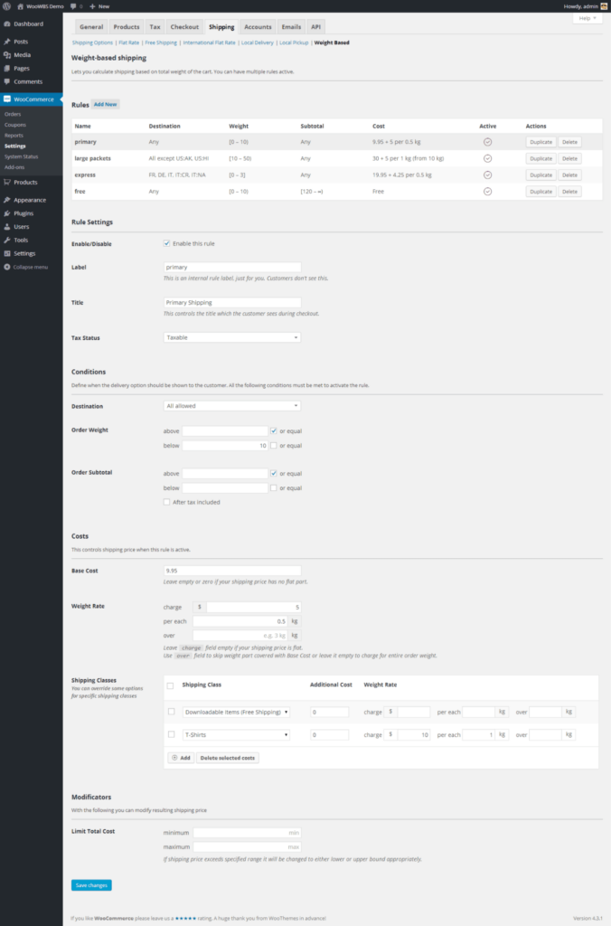 Screenshot of the WooCommerce extension WooCommerce Weight-Based Shipping.