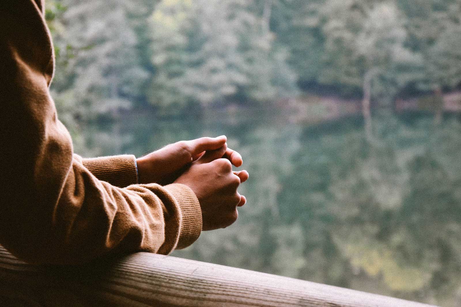 A person's hands folded together on a railing overlooking a lake