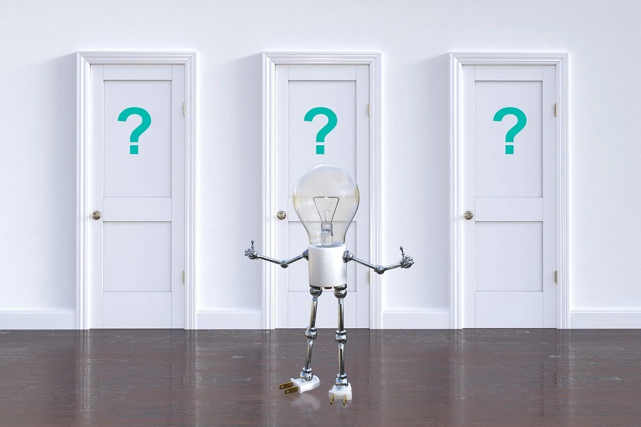 A Character Faces Three Doors Displaying Question Marks