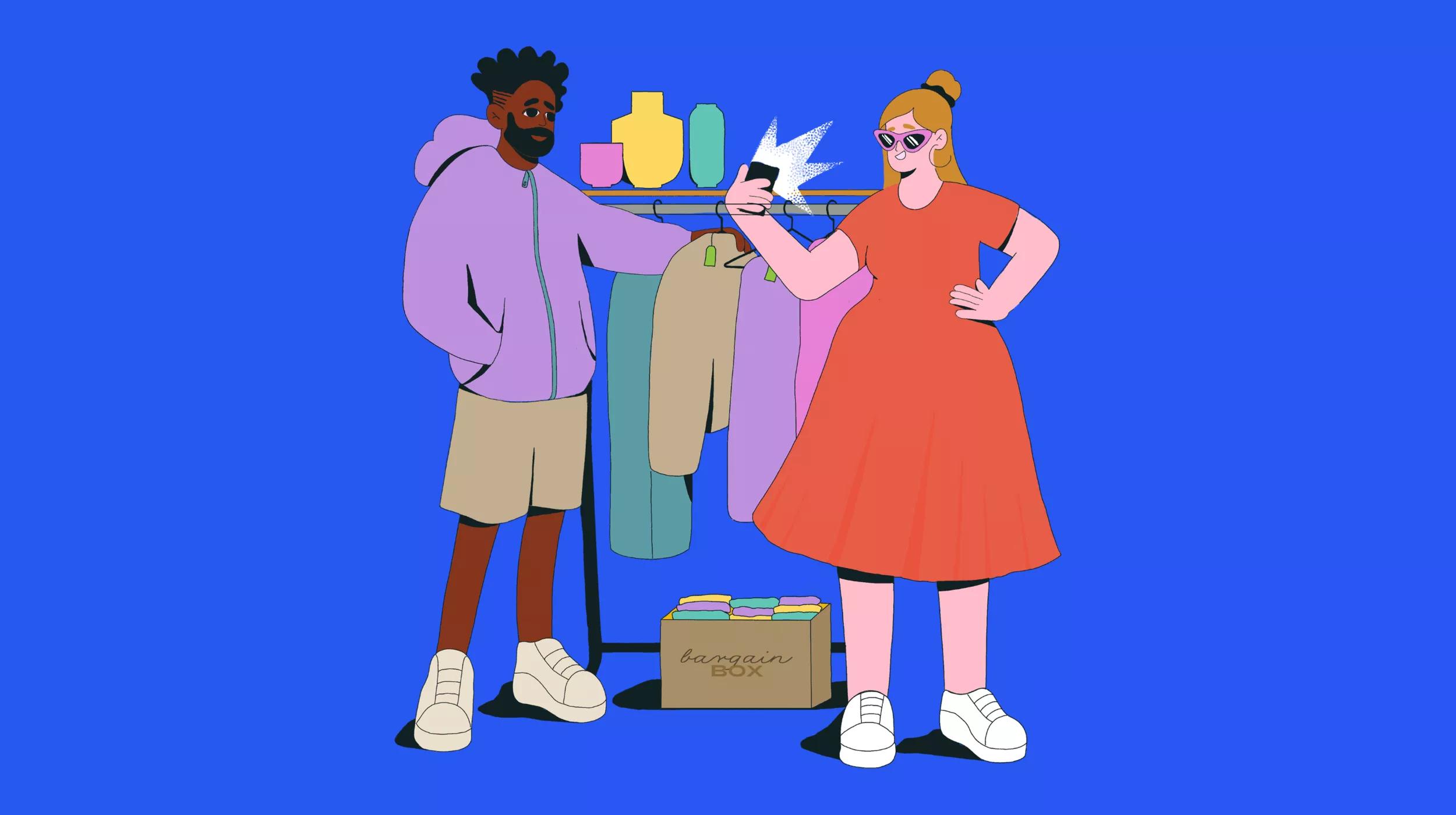 Illustration of two people standing near a sales rack. The person on the right is holding a smartphone that is emitting light, indicating they are taking a photo. The clothing rack behind them has various garments hanging, and there is a box labeled "bargain box" filled with folded clothes on the floor. Several colorful vases are displayed on top of the rack.