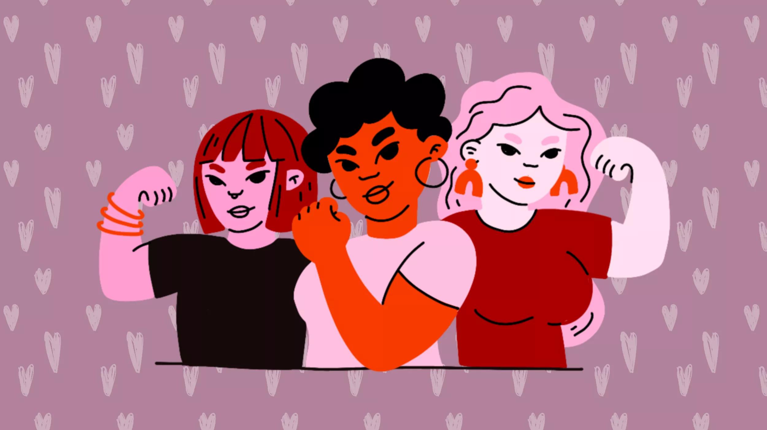 A stylized illustration of three diverse women standing side by side, each flexing their arm in a show of strength and solidarity. They appear confident and empowered. The women are set against a purple background adorned with a pattern of white hearts.