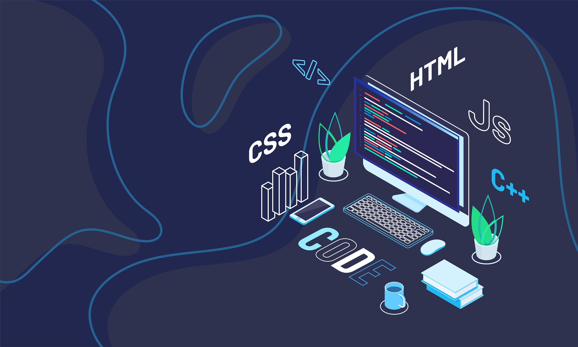 An isometric illustration depicting elements related to web development and programming. A computer monitor displays lines of code with tags labeled HTML, and there are floating symbols of CSS, JS, and C++ around the workspace.