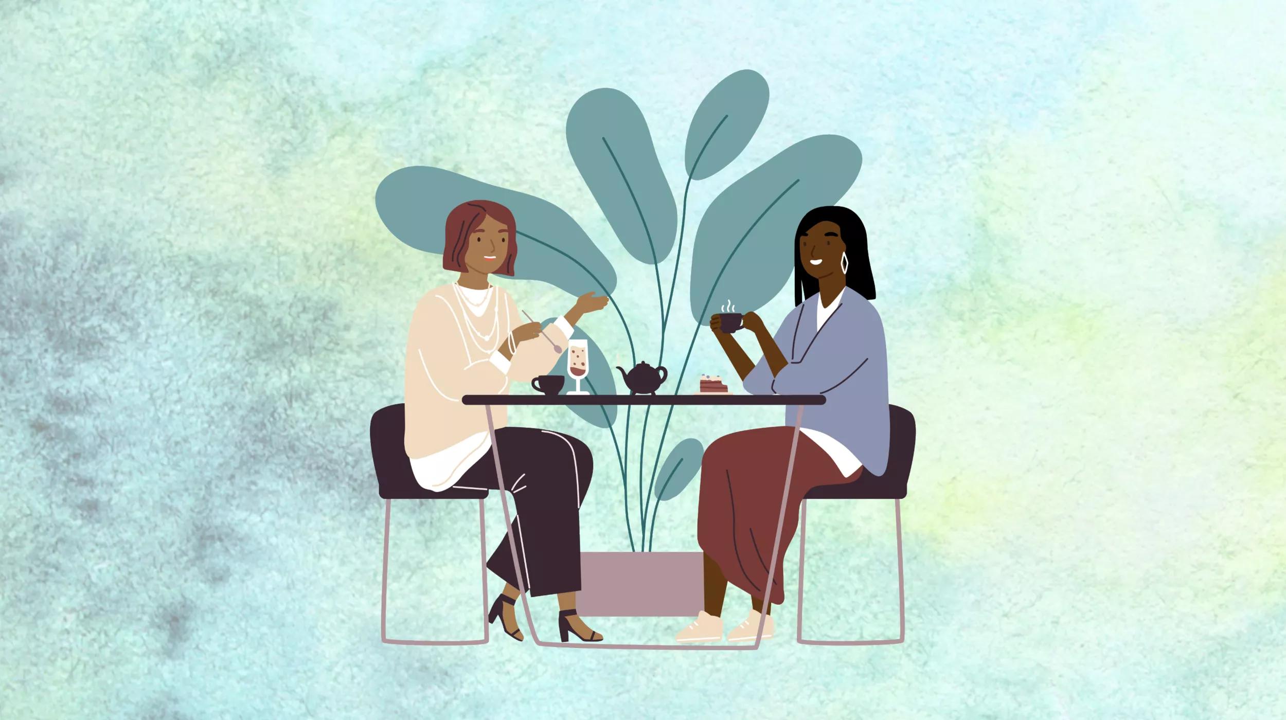 An illustration of two individuals sitting across from each other having tea, and discussing about getting more freelance business.