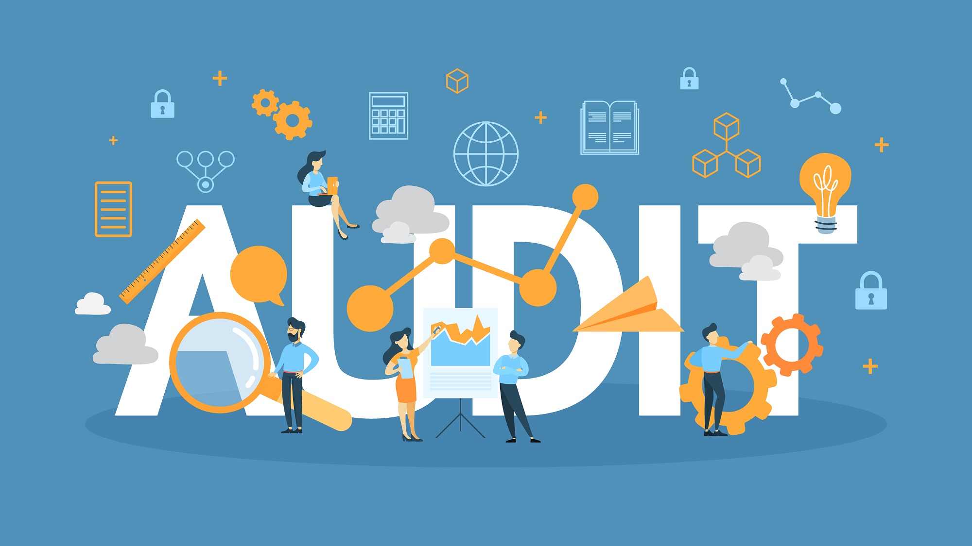 An illustrative concept image featuring the word &quot;AUDIT&quot; in large letters with various business-related icons and small cartoon figures of people engaging in different activities around and on the letters. The icons include a lock, cloud, calculator, document, and lightbulb, symbolizing security, cloud computing, accounting, documentation, and ideas, respectively. The people are depicted analyzing data, presenting a chart, and interacting with gears, suggesting teamwork and analysis in a business audit process. The overall color scheme is blue and orange with a flat design style.