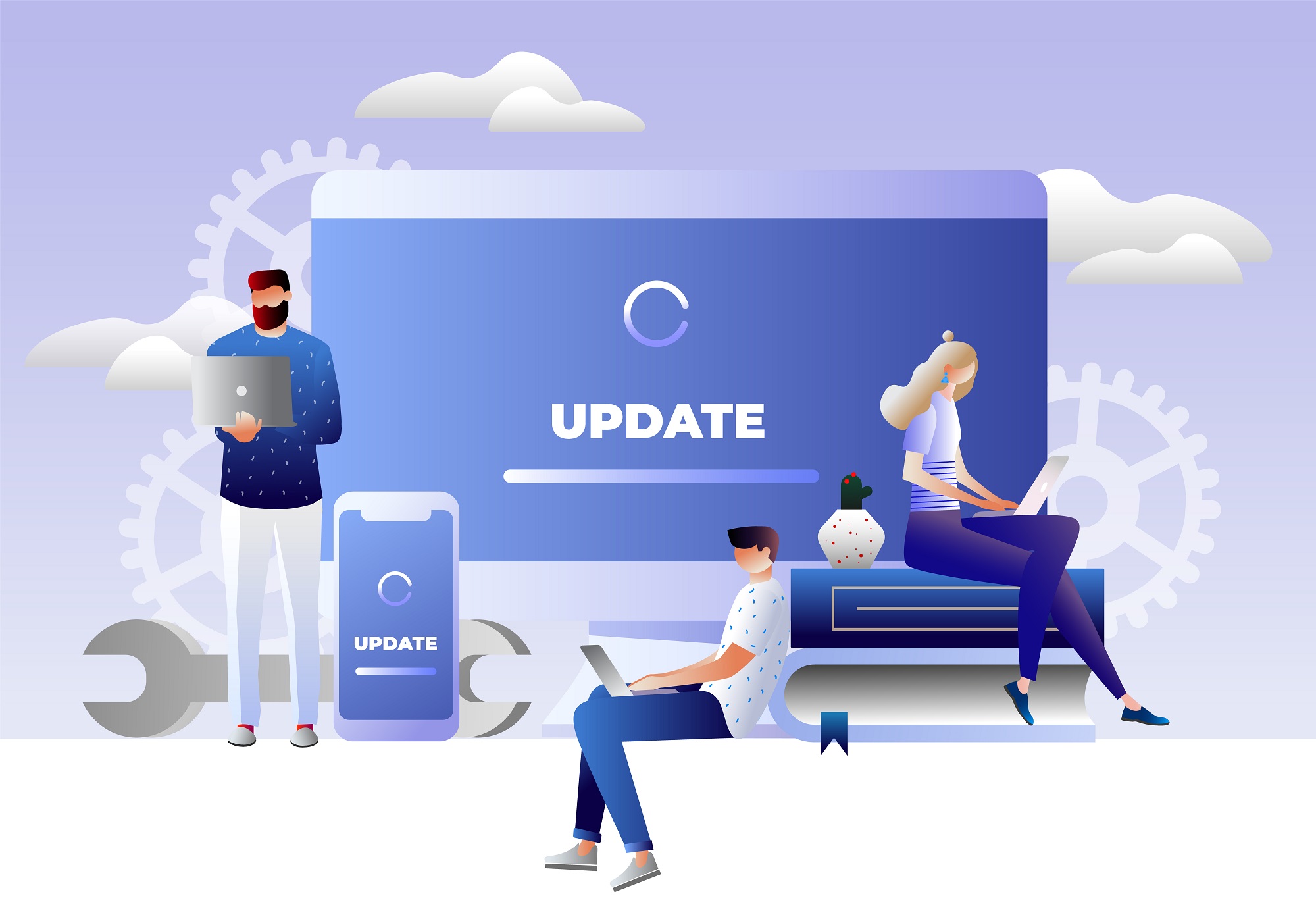 A stylized illustration featuring three people interacting with devices amidst large icons symbolizing a software update. A man stands on the left holding a laptop, a woman sits in the center on a cushion using a laptop, and another man sits on the right with a laptop on his knees. In the background, there is a large screen and a smartphone, both displaying the word &quot;UPDATE&quot; with a loading symbol, set against a backdrop of abstract gears and clouds, suggesting a theme of technology and progress