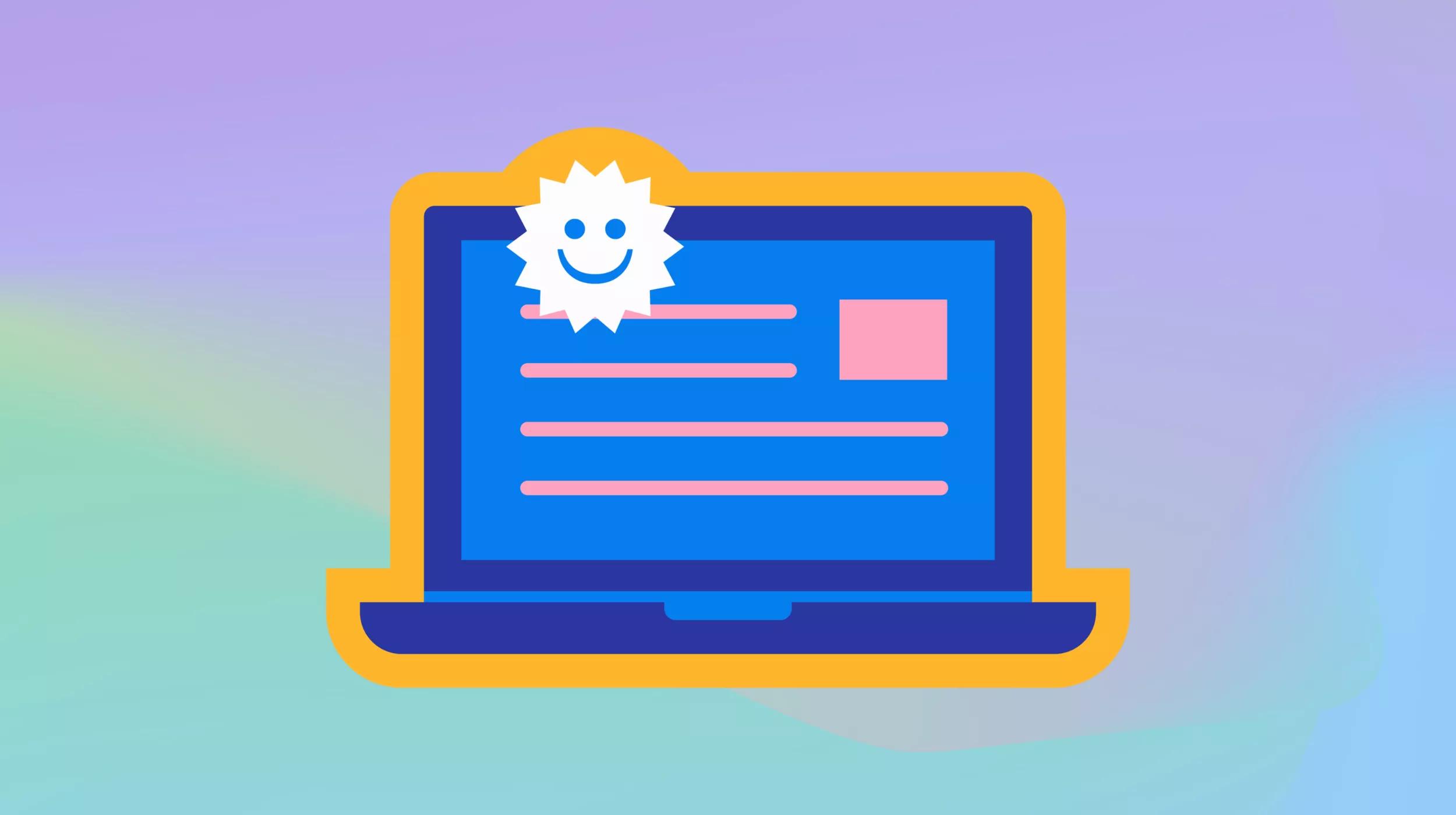 A stylized illustration of a laptop with a blue screen displaying a cartoonish smiling badge or sticker on the upper left, alongside placeholder lines representing text and a square shape on the right side, possibly indicating an image or graphic element. The laptop is set against a gradient background transitioning from purple to green