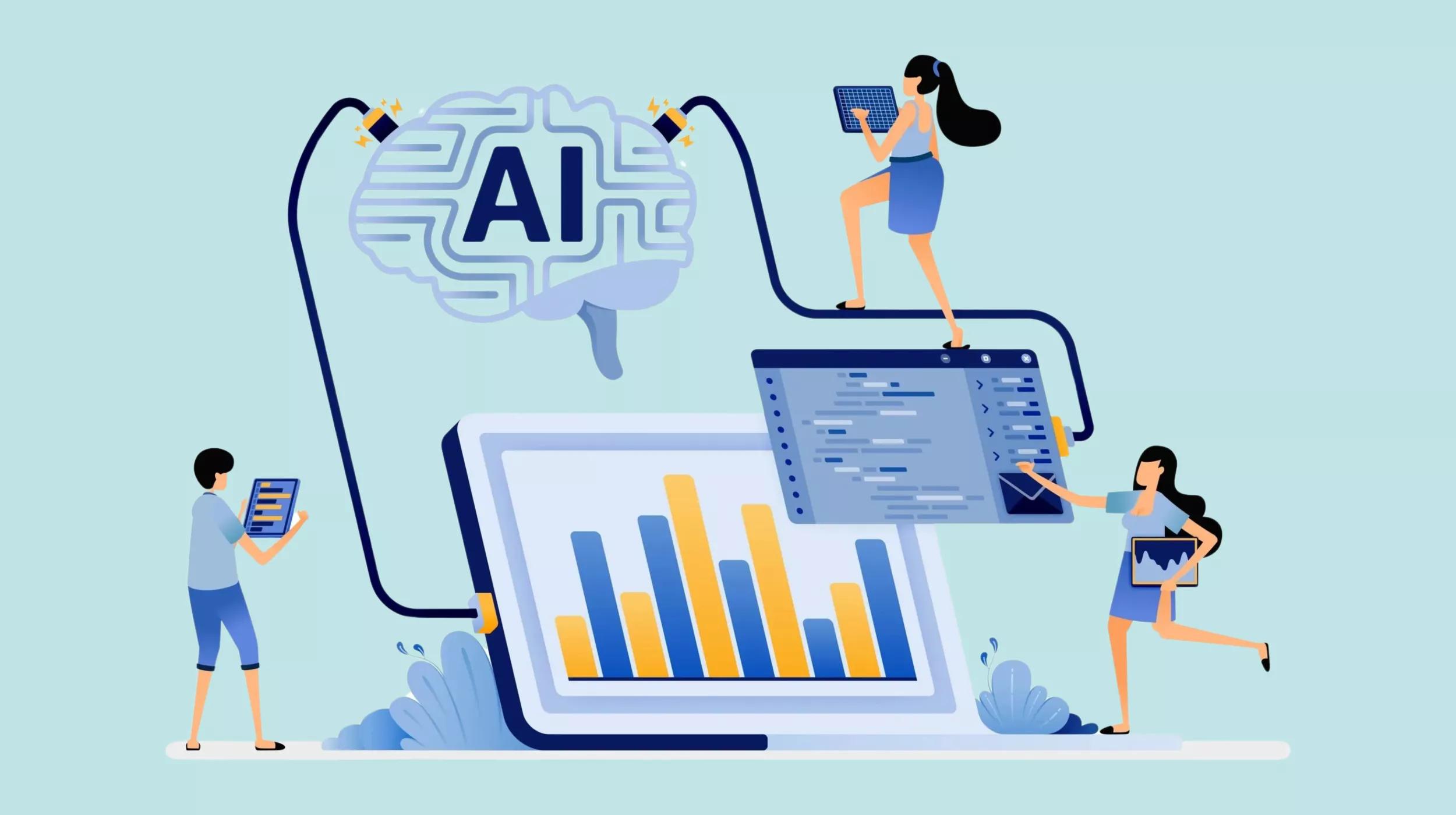 An illustration showcasing artificial intelligence (AI) in action, with a stylized human brain overlaid with the letters "AI" connected by cables to a tablet and a computer monitor displaying bar charts. Two small figures appear to be interacting with the technology, one reading from a handheld device and the other two working on laptops. The overall design conveys a sense of modern technology and data analysis.