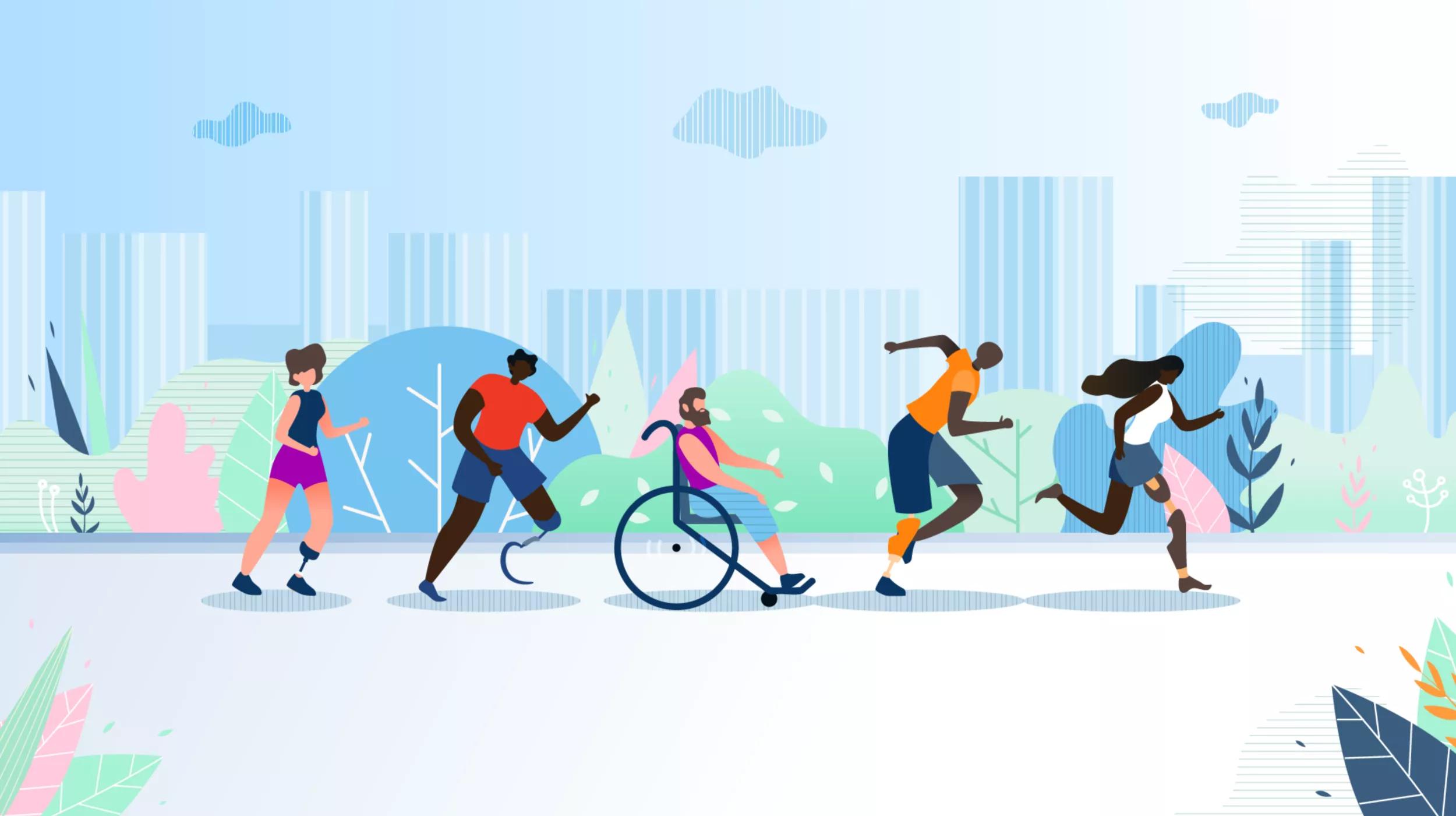 An illustration of diverse people engaging in various forms of physical activity in an urban park setting. From left to right, a woman jogs, a man runs, another man uses a wheelchair, a man sprints with a running blade prosthesis, and a woman runs with her hair flowing behind her. The background features stylized trees, plants, and a city skyline with skyscrapers and fluffy clouds overhead. The scene promotes inclusivity and fitness in a modern city environment.