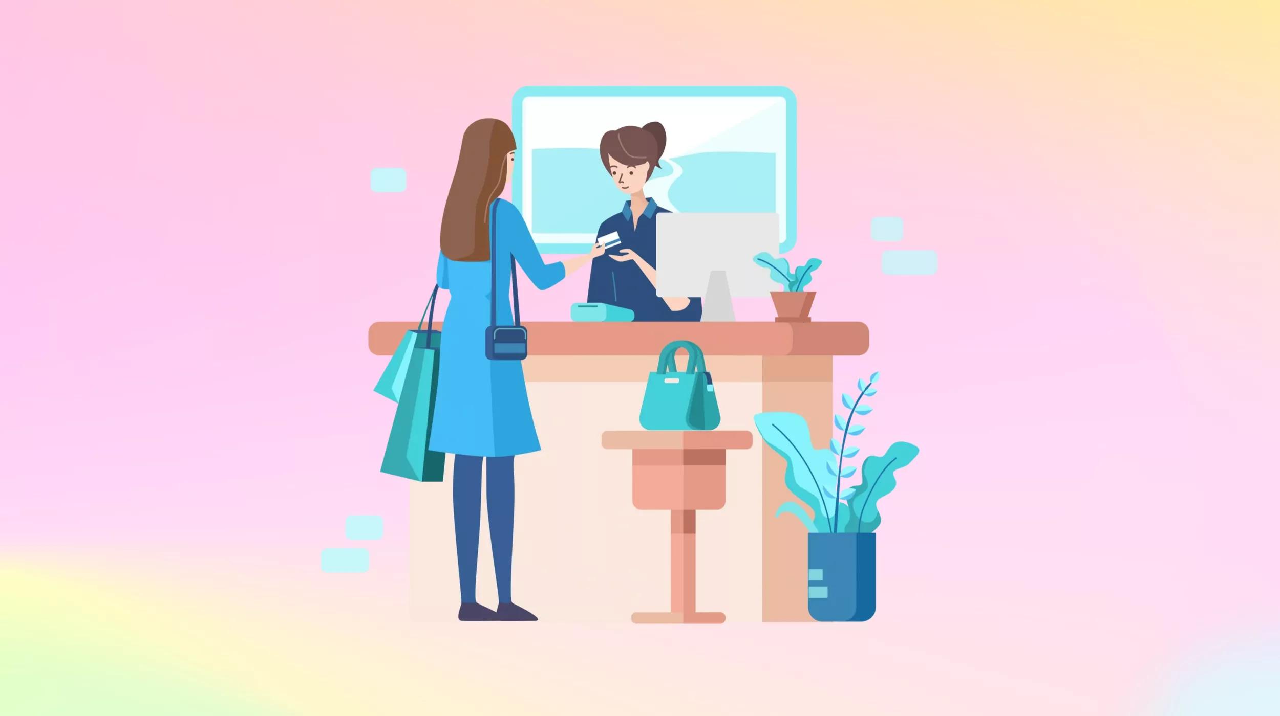 An illustration of a woman standing at a retail counter, handing her credit card to a female cashier. The cashier is behind a computer monitor, and there are shopping bags on the woman's arm, suggesting she is making a purchase. A handbag is on the counter, and a potted plant is next to it, with a gradient pastel background completing the scene.