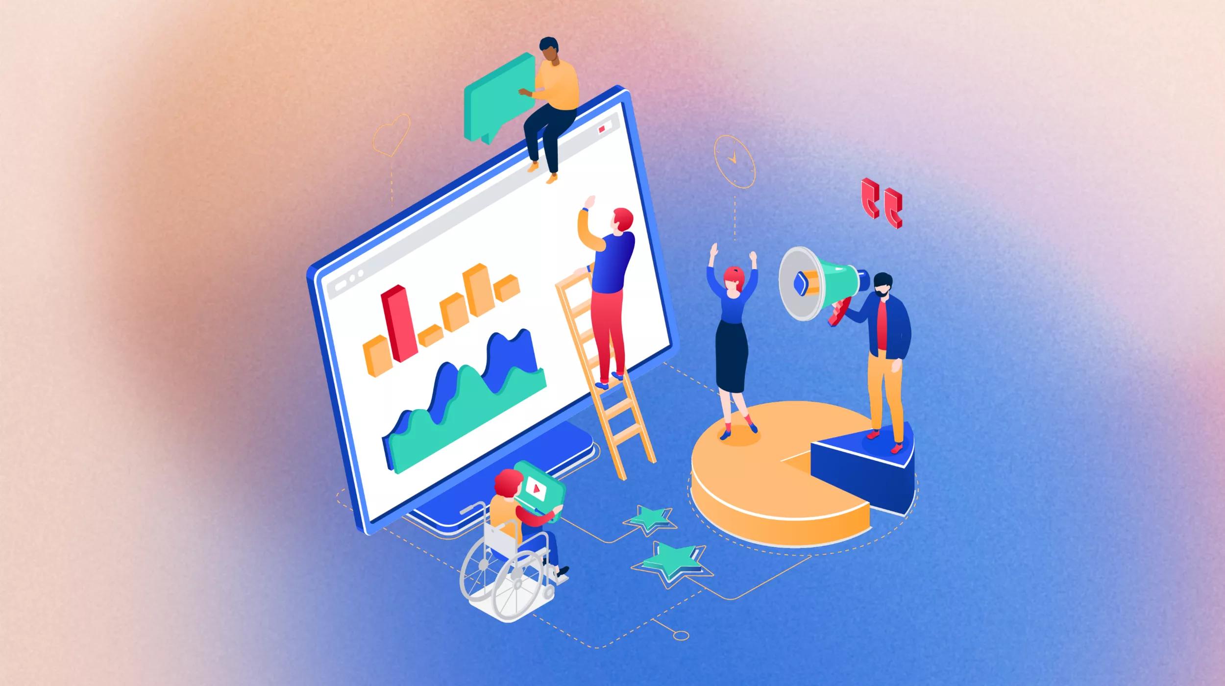 An illustrated image depicting a group of stylized people engaged in various activities around a large computer monitor displaying colorful bar and line graphs. One person sits on top of the monitor holding a speech bubble, another stands on a ladder pointing at the graphs, while a third person gestures enthusiastically on a pie chart platform. A fourth individual with a megaphone stands on a pie chart segment, and a character in a wheelchair with a video button is positioned near star symbols on the floor.