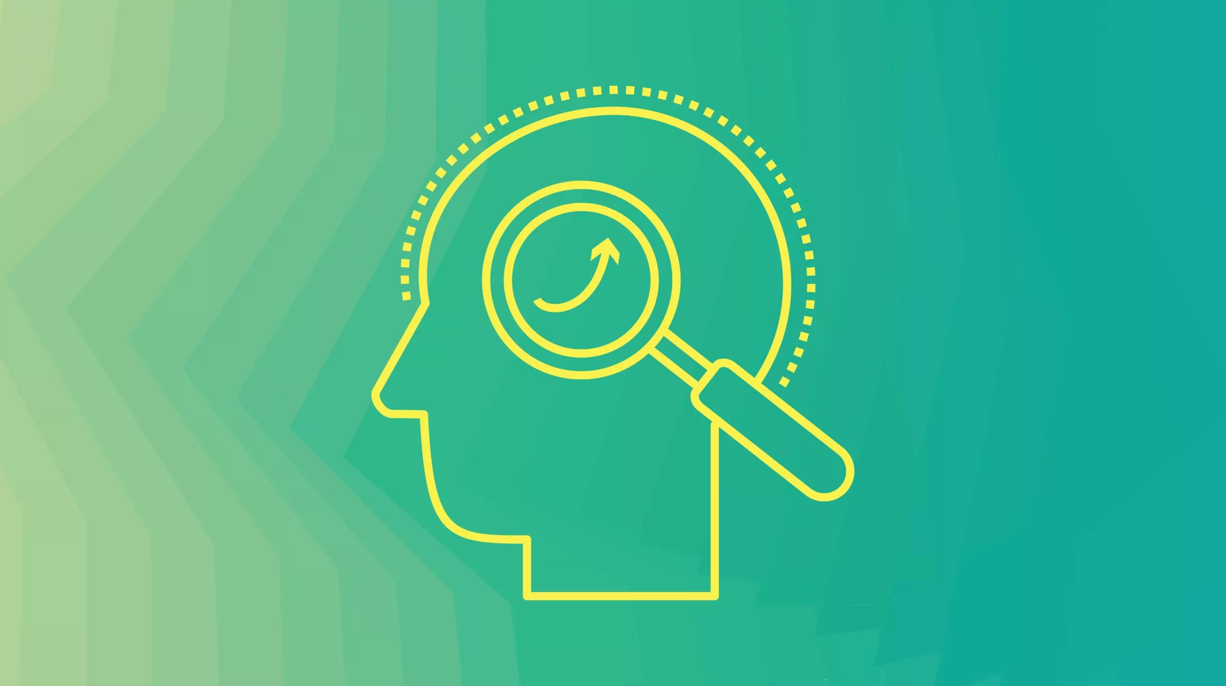 An Illustration of a Magnifying Glass over the Shape of a Head Represents Confronting Negative Self-Talk