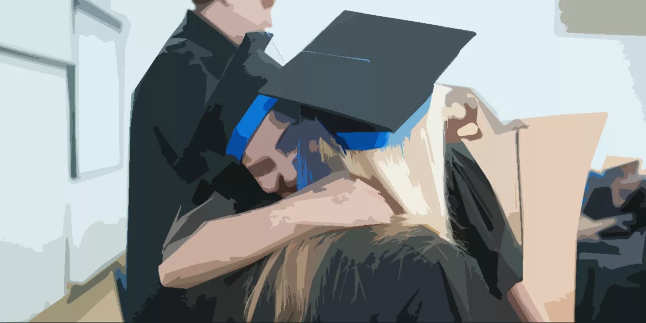 An illustration shows two graduates embracing