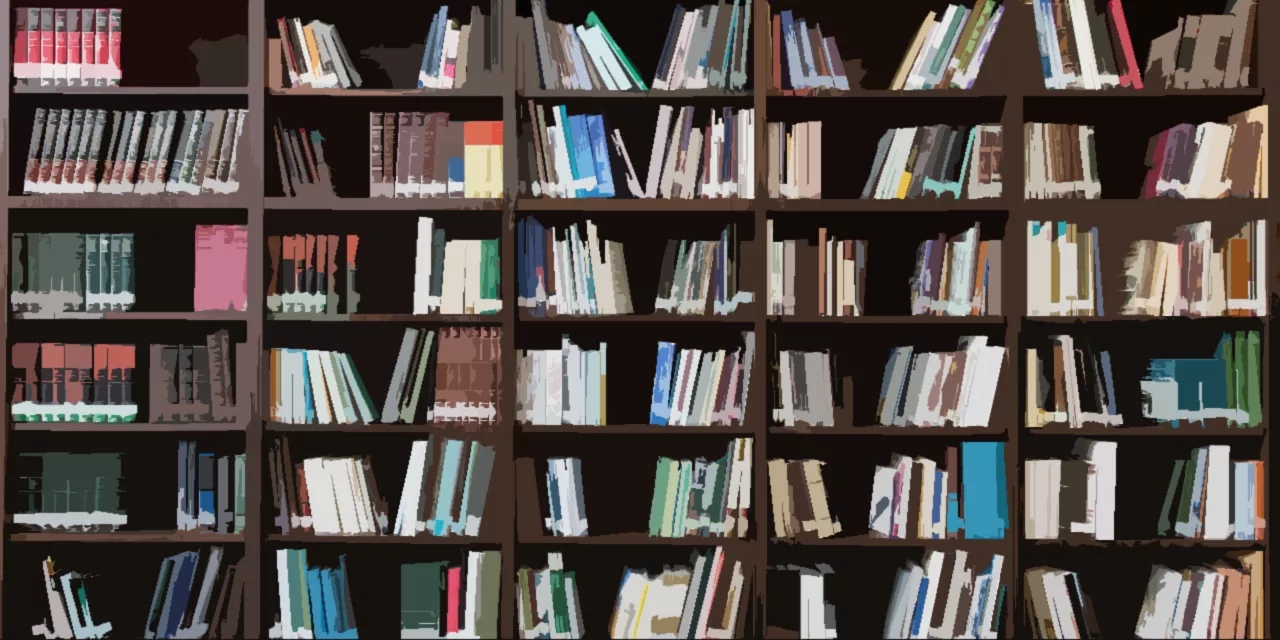 An illustration shows books on a bookshelf