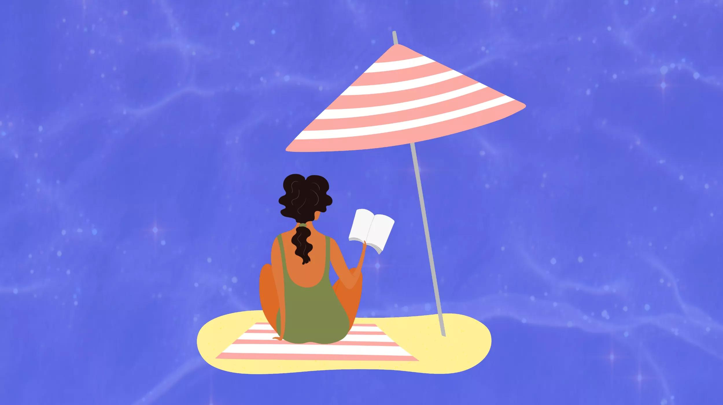 An illustration of a person sitting on a striped beach towel under a pink and white striped beach umbrella, reading a book. The person has their back to the viewer and is wearing a green one-piece swimsuit with their hair tied up. They appear to be relaxing on a sunny beach with a clear blue sky in the background.