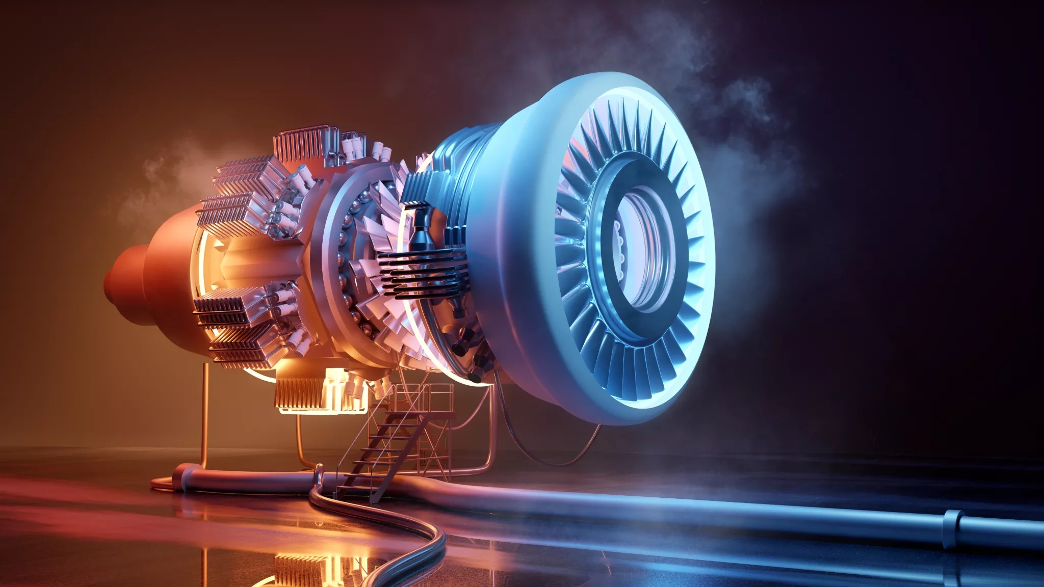 A highly detailed 3D rendering of a jet engine displayed in a studio setting with dramatic lighting. The engine is sectioned to show the internal components, including the compressor blades, combustion chamber, and turbines. The scene is illuminated with a contrast of warm and cool tones, highlighting the complexity and precision of the engine's design. A small set of stairs and a platform are positioned beside the engine for scale and accessibility.