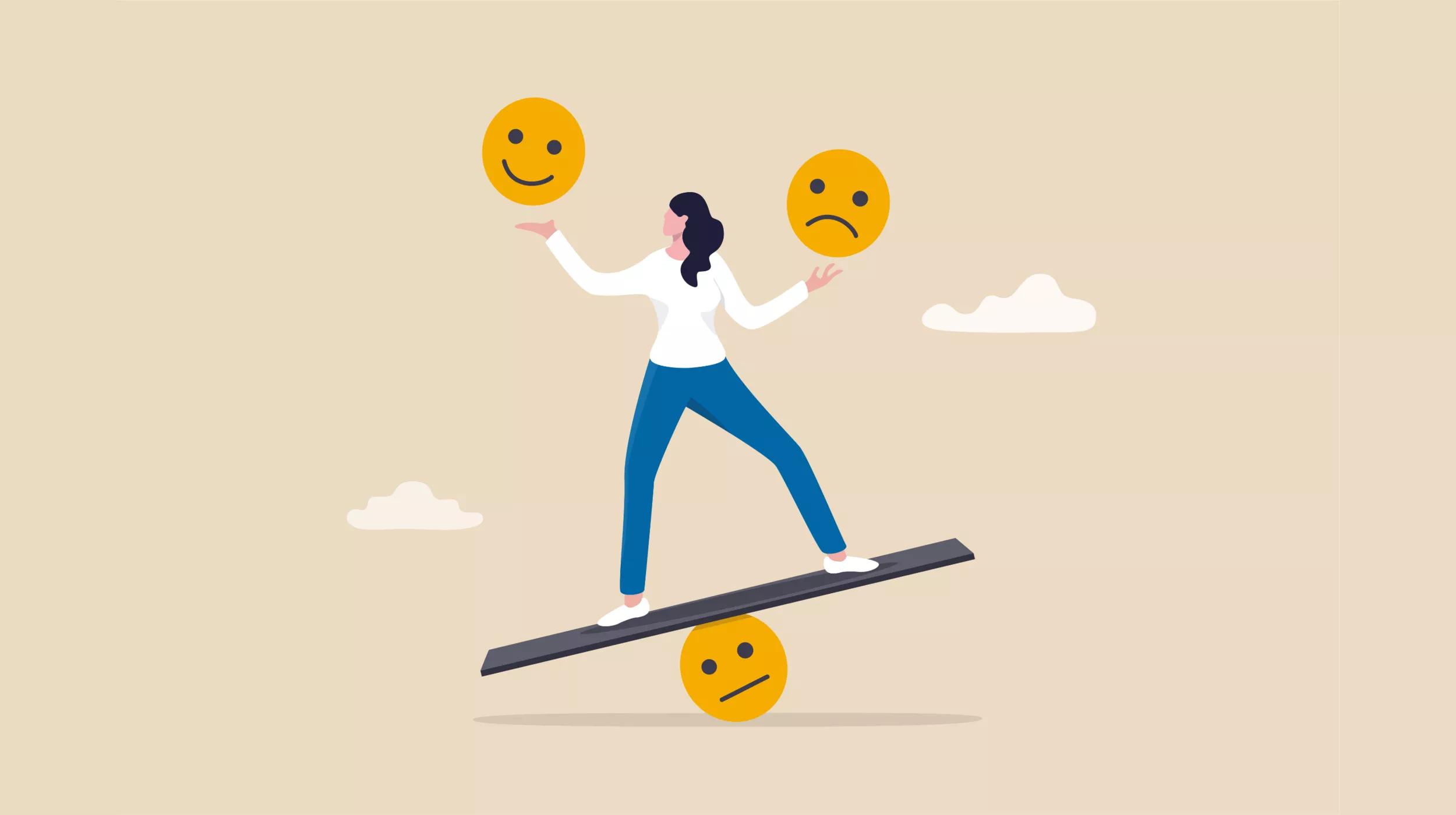 An illustration of a woman balancing on a seesaw with emoji faces at each end. She is centered, with a smiley emoji on the left and a frowning emoji on the right. A straight-faced emoji is beneath her on the seesaw's fulcrum. The background is a simple beige with two white clouds.