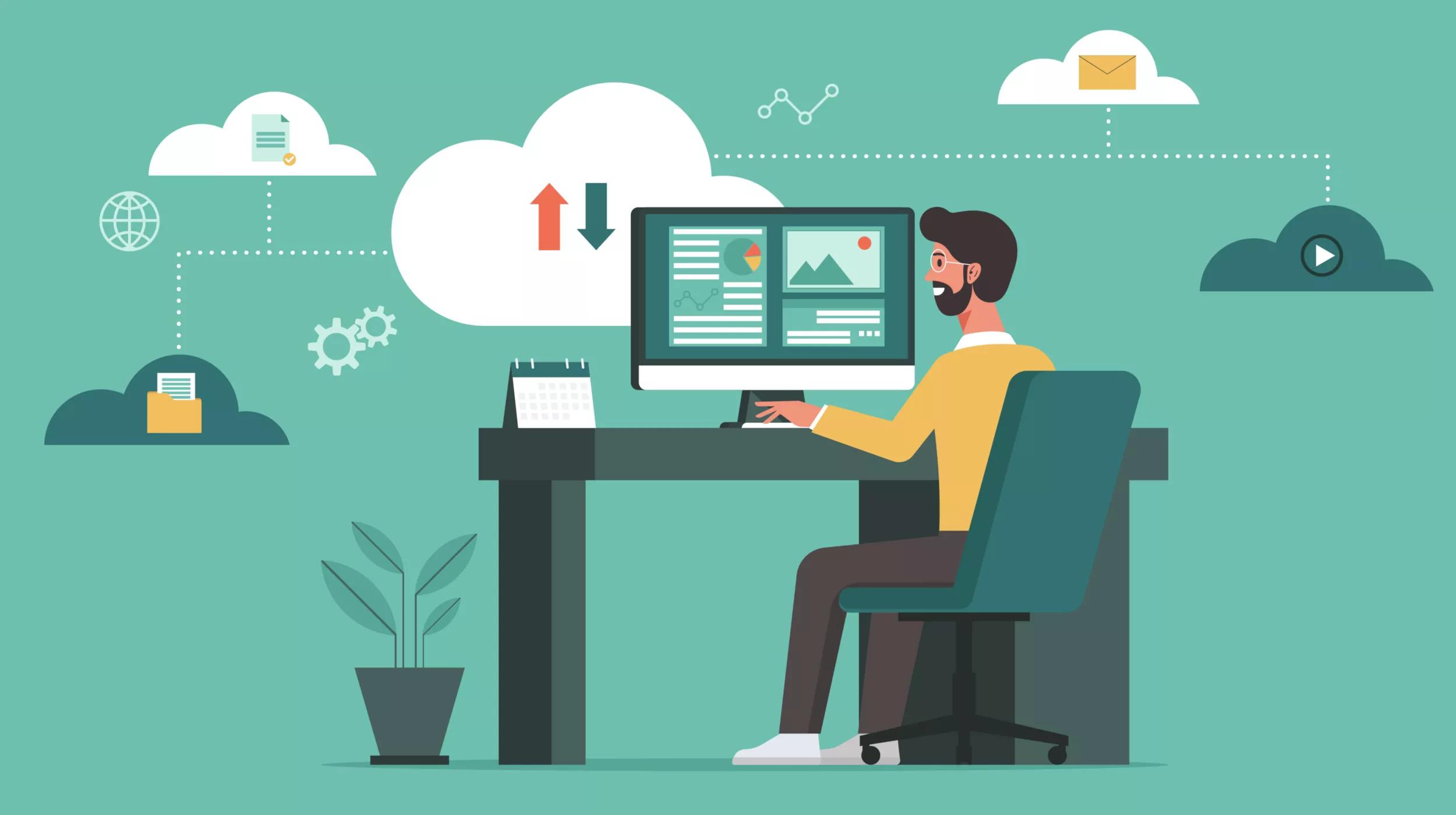 Illustration of a man sitting at a desk and working on a computer. The computer screen displays various data and graphics. Surrounding the man are several cloud icons connected by dotted lines, representing cloud computing and digital data storage. The icons include an envelope, a play button, a globe, a folder, documents, and gear symbols. There is a calendar on the desk and a potted plant on the floor next to the desk.