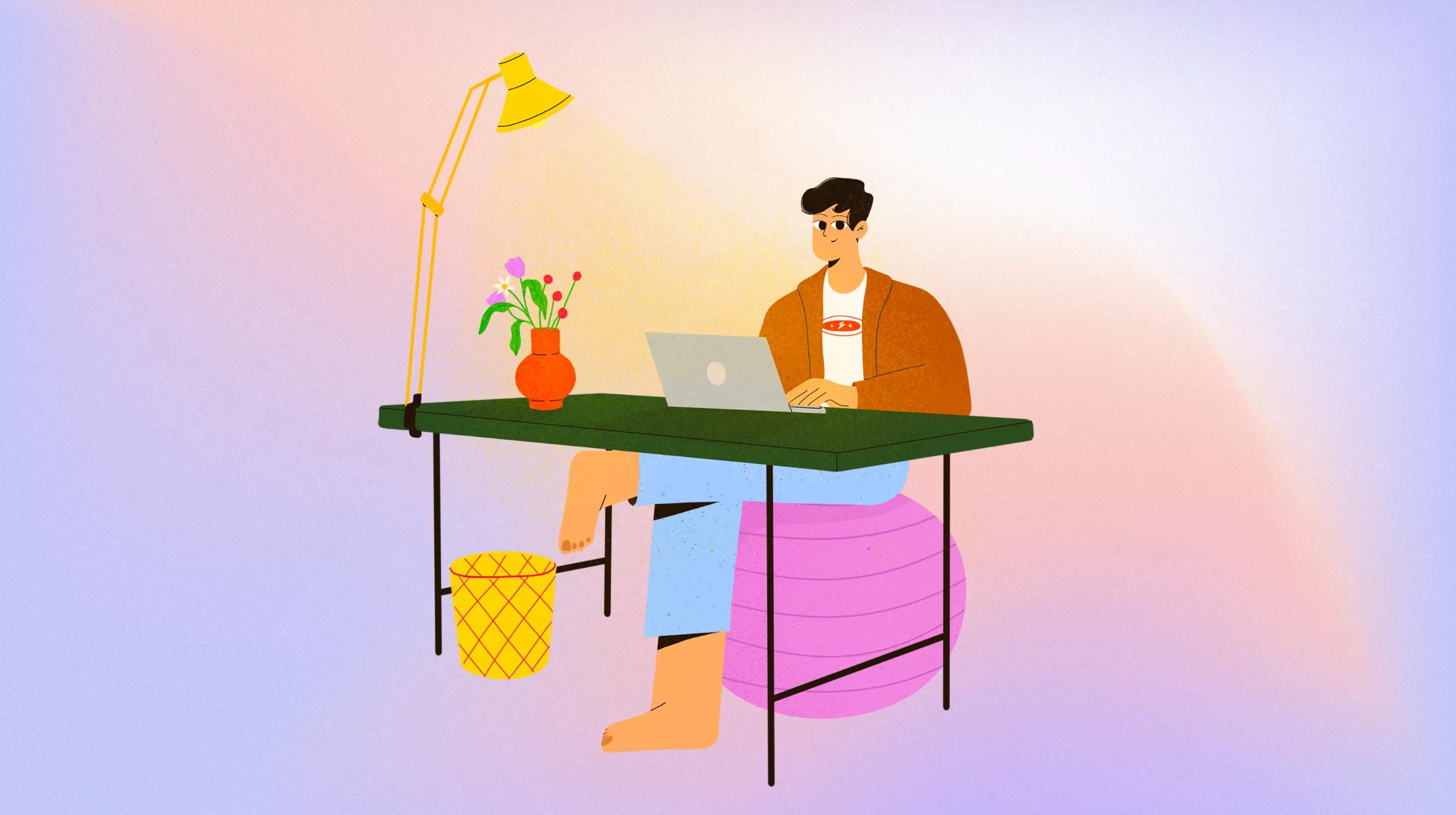 This is an illustration of a person working on a laptop at a desk. The individual is seated on an exercise ball instead of a traditional chair. The desk has a lamp and a vase with flowers on it. There's also a wastebasket under the desk. The background has a gradient of light colors, giving the scene a warm and relaxed atmosphere.