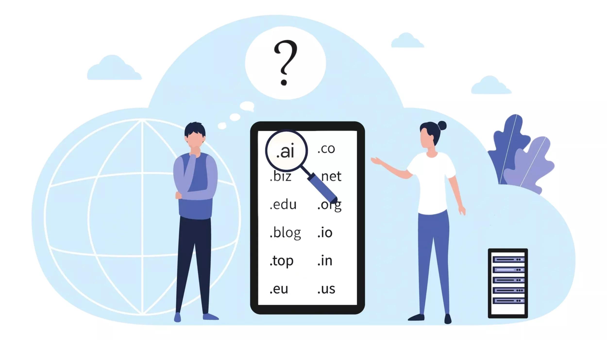 Illustration of two people standing next to a large tablet displaying a list of domain extensions such as .ai, .biz, .edu, .blog, .top, .eu, .co, .net, .org, .io, .in, and .us. The person on the left is thinking with a hand on their chin, while the person on the right is gesturing towards the tablet. A magnifying glass hovers over the .ai domain. A large globe and a server rack are in the background, symbolizing the internet and web hosting. A thought bubble with a question mark is above the person on the left, indicating confusion or decision-making.