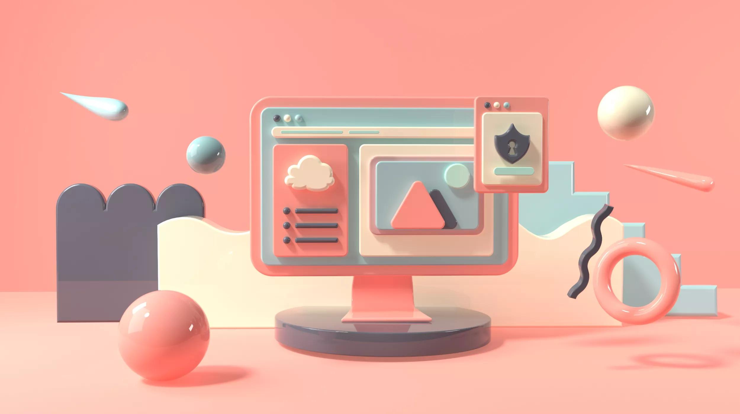 A 3D illustration features a desktop computer screen with a variety of colorful and abstract elements. The screen displays a cloud icon, a triangular shape, and a shield icon, symbolizing security. The background consists of pastel-colored shapes, including spheres, rings, and wavy lines, all in a soft, glossy finish. The color palette is dominated by shades of pink, peach, and light blue, creating a whimsical and playful atmosphere.