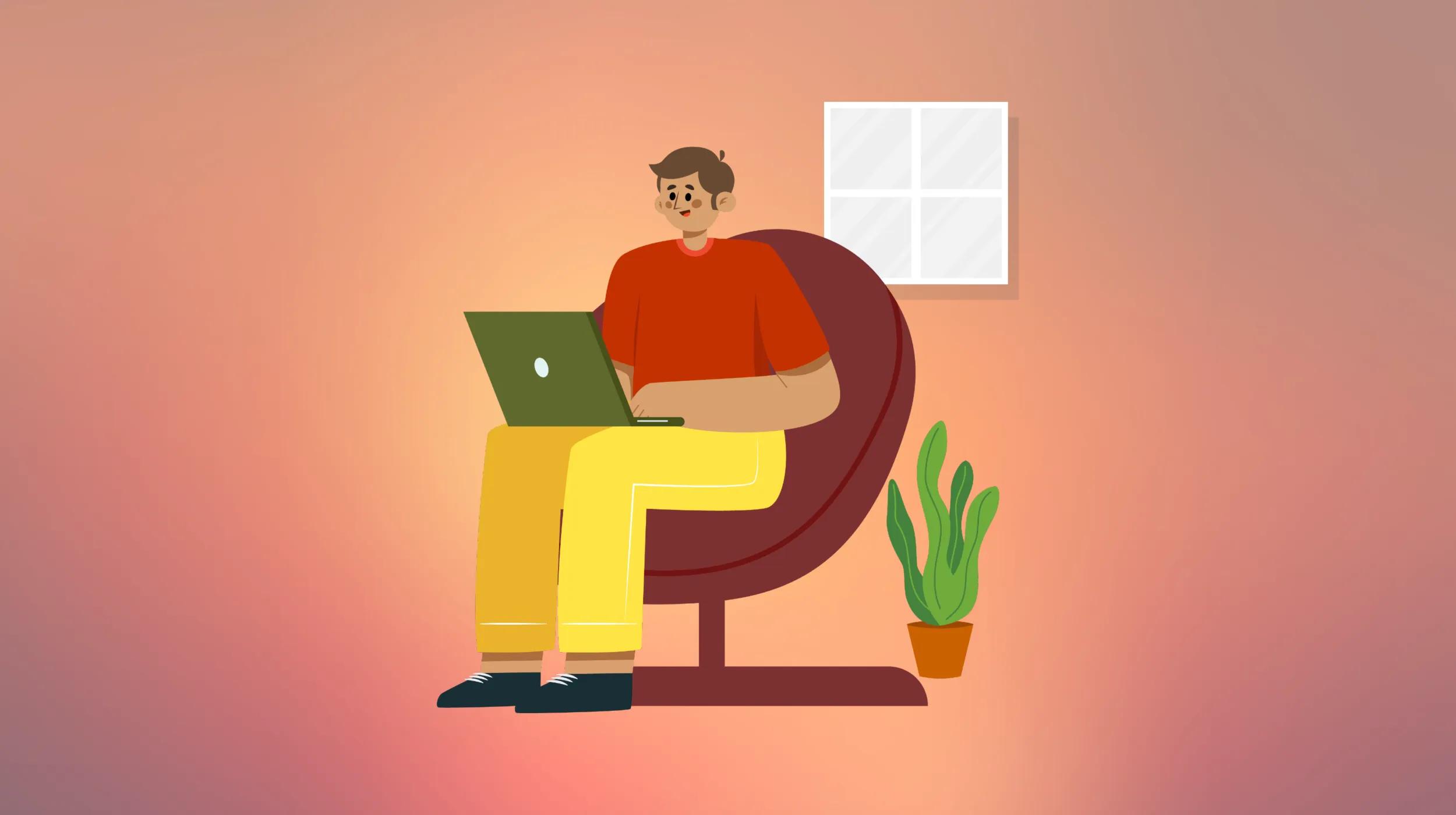 An illustration of a person sitting on a maroon chair while working on a green laptop. The person is wearing a red shirt, yellow pants, and black shoes. There is a green potted plant on the floor next to the chair, and a window with four panes is visible on the wall behind them. The background has a smooth gradient of light pink and orange shades.