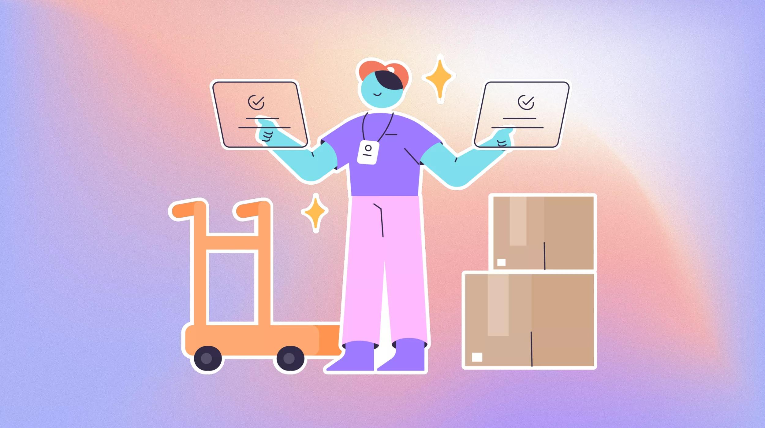 Illustrated image of a person with blue skin and wearing a red cap, purple shirt, and pink pants. They have a badge around their neck and are holding up two documents with checkmarks on them, one in each hand. To the left of the person is an orange hand truck, and to the right are two stacked brown boxes. The background is a gradient of pastel colors, including shades of blue, purple, and peach. Sparkles are present around the documents, adding a sense of accomplishment or completion.