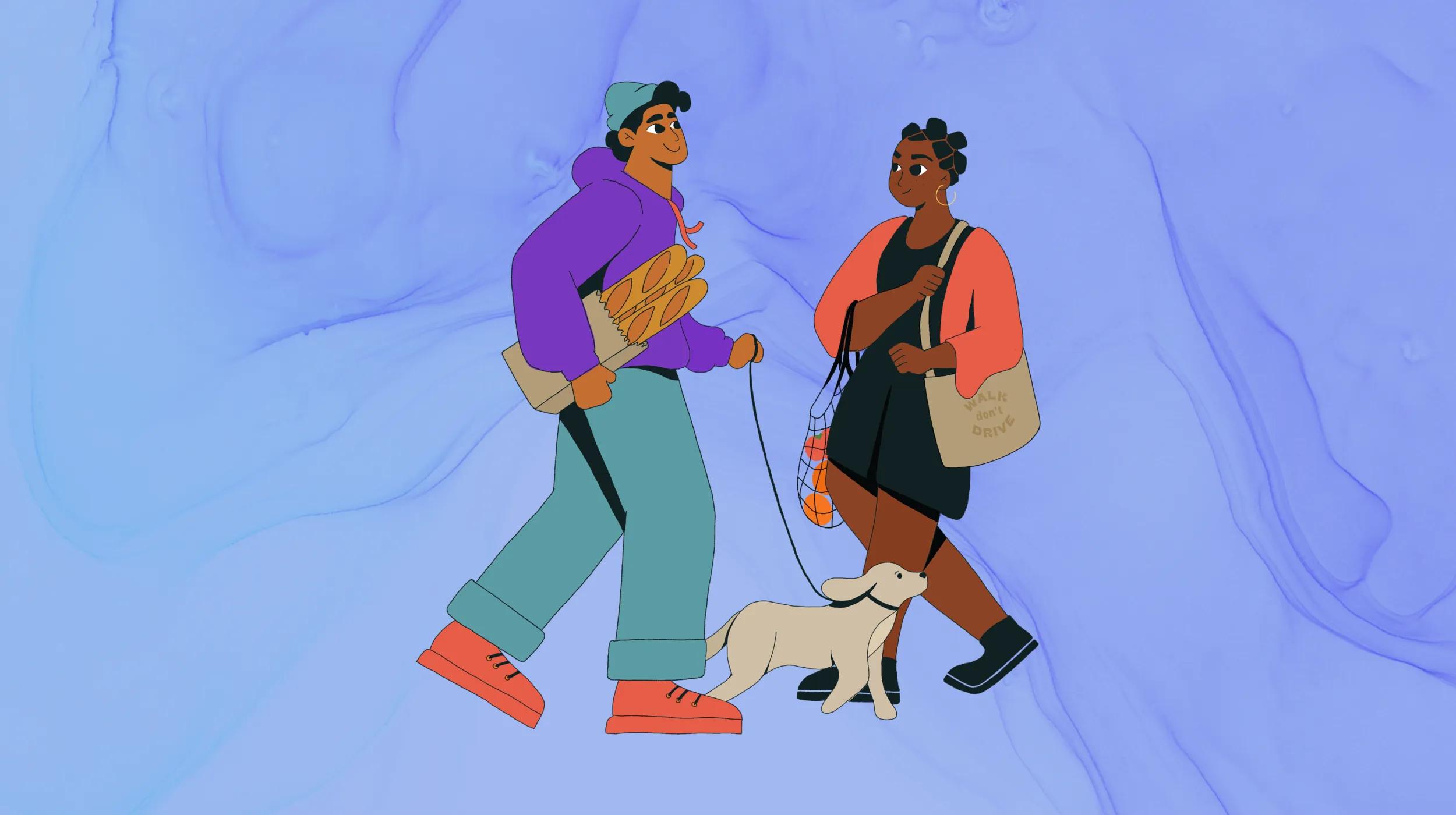 An illustration of two people walking against a light purple, abstract background. One person is wearing a purple hoodie, teal pants, and a green hat, carrying a bag with baguettes and holding a dog leash. The other person is in a black dress with a coral cardigan, holding a mesh bag with oranges and a beige tote bag. They are smiling at each other while the small dog walks beside them.