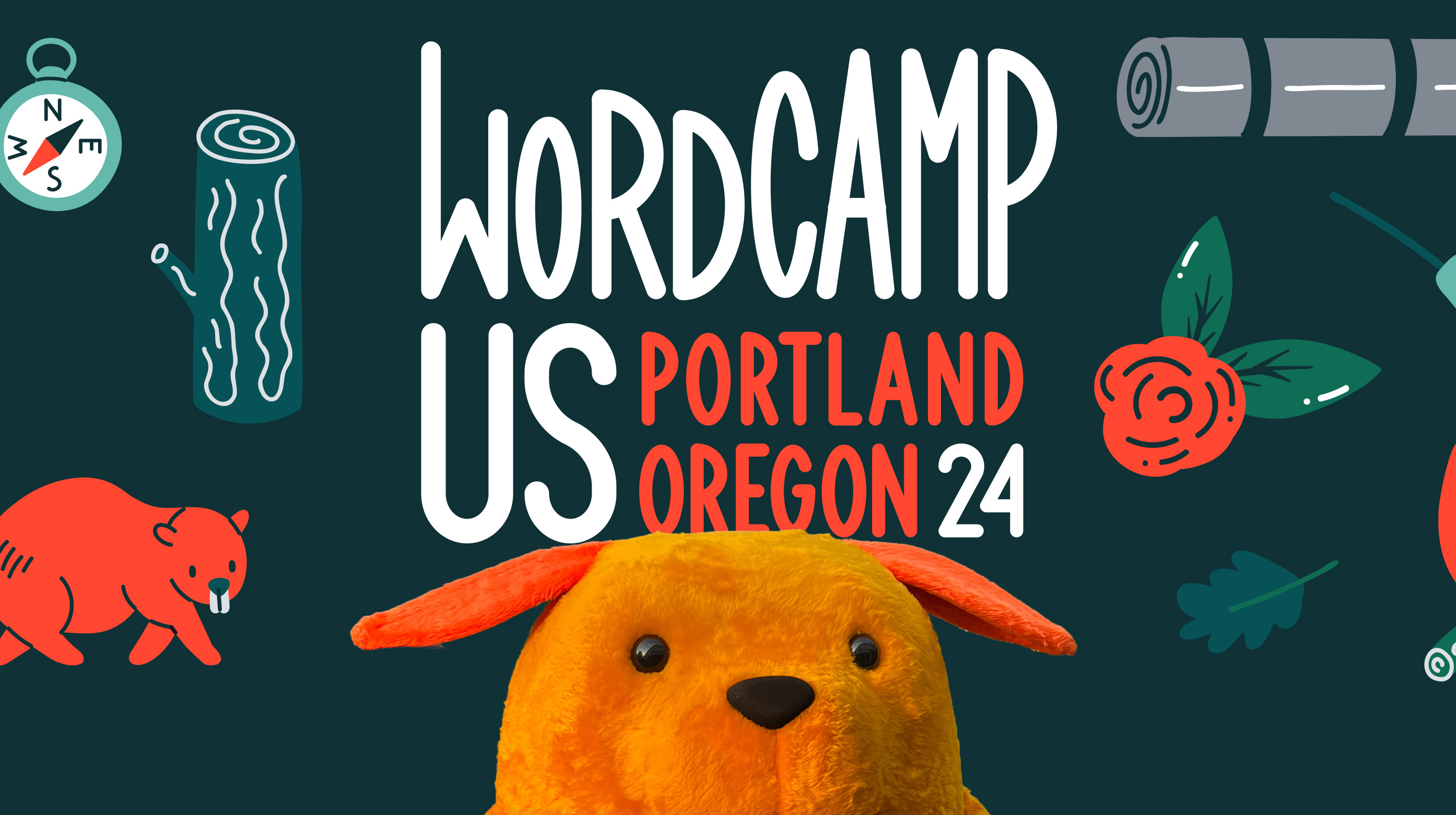 Banner for WordCamp US 2024 in Portland, Oregon, featuring an orange Wapuu mascot with camping-themed illustrations, including a compass, log, backpack, rose, and campfire, set against a dark background