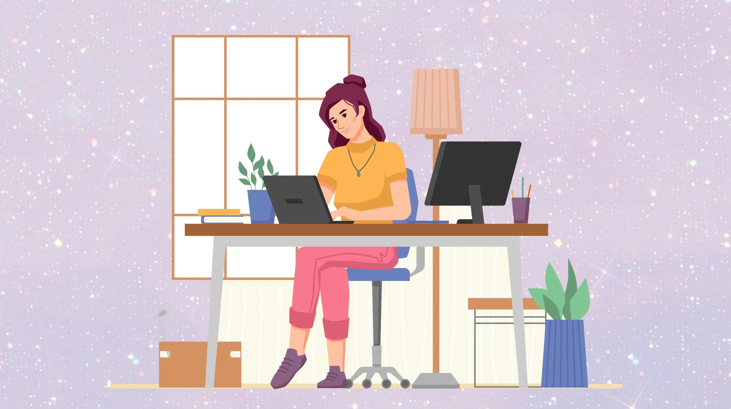 An illustration of a woman sitting at a desk while working on a laptop. The woman has long, dark hair tied up in a bun and is wearing a yellow top and pink pants. The desk has a potted plant, a stack of books, a desktop monitor, and a cup holding pencils.